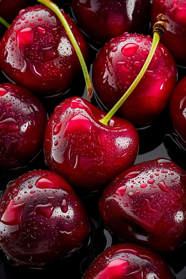 Close up of ripe red cherries with water droplets against a dark, moody background